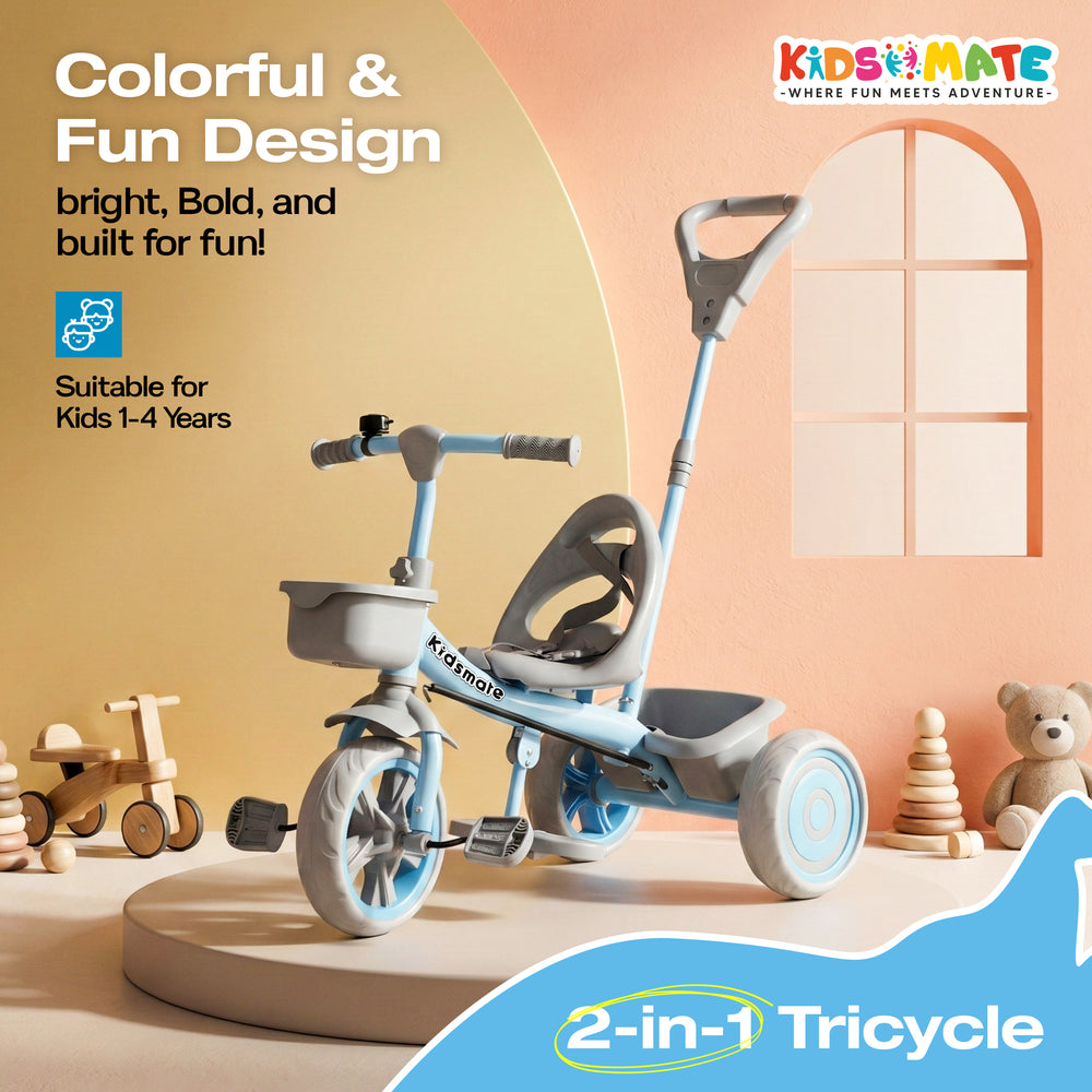 A vibrant Kidsmate junior tricycle featuring a colorful design with a comfortable seat and a parental control handle, suitable for children aged 1-4 years, displayed on a light background.