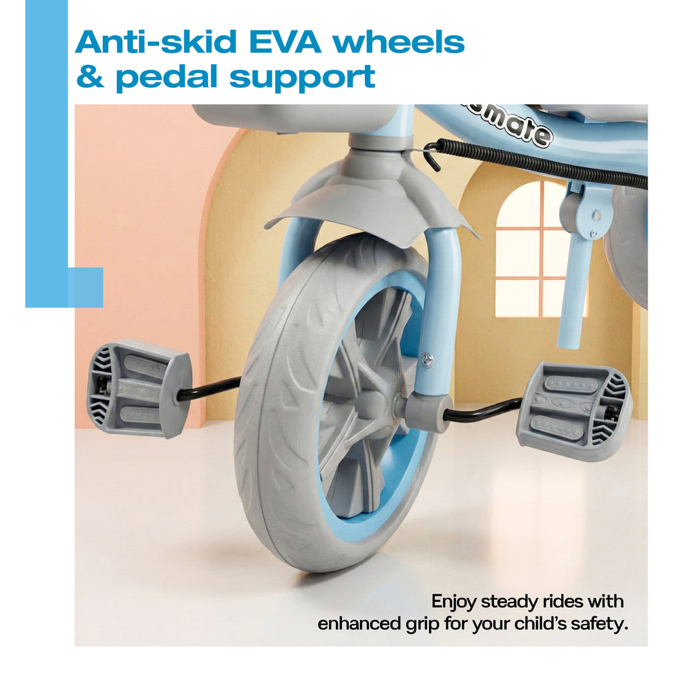 A colorful Kidsmate Junior Tricycle featuring anti-skid EVA wheels and a supportive seat. The tricycle is designed for young children, showcasing a blue and gray color scheme with a sturdy frame.