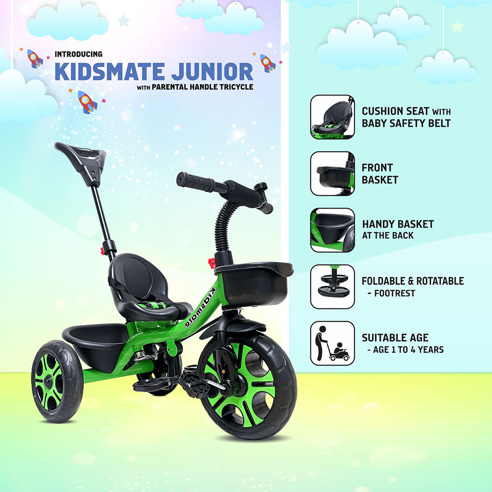 A vibrant green tricycle designed for young children, featuring a cushioned seat with a safety belt, a parental control handle, and a handy basket. The tricycle is foldable and has a rotatable footrest, set against a