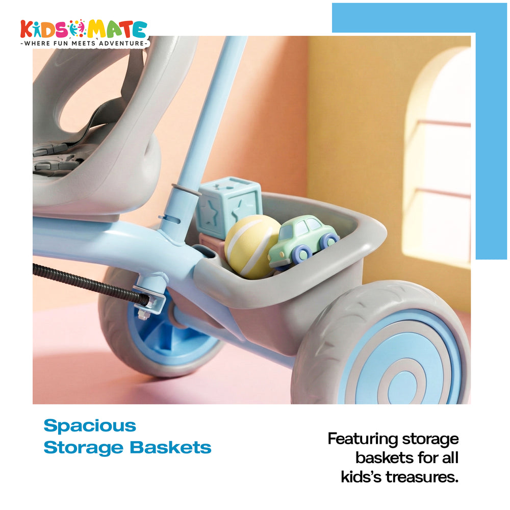A close-up of a Kidsmate Junior Tricycle showcasing spacious storage baskets filled with colorful toys, including a blue block and small cars, set against a bright, cheerful background.