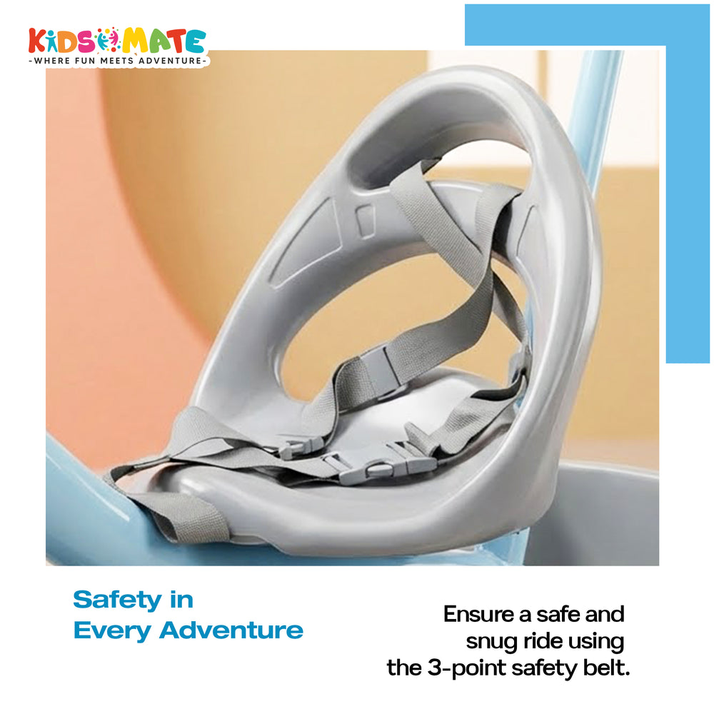Close-up of a tricycle seat featuring a gray 3-point safety harness, designed for comfort and security. The background includes a playful design, enhancing the adventurous theme.