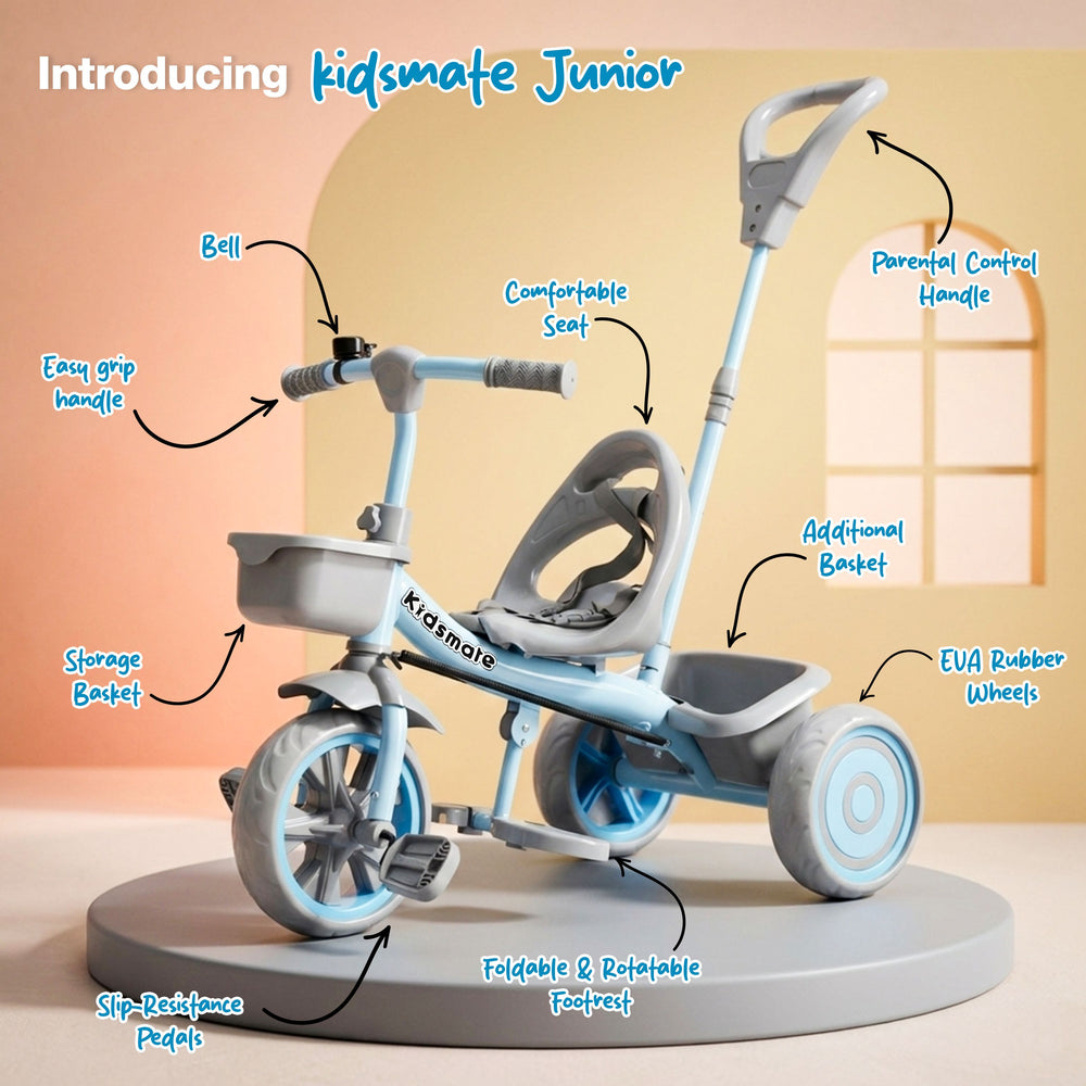 A blue Kidsmate Junior tricycle designed for kids, featuring a parental control handle, comfortable seat, storage basket, and slip-resistant pedals. The tricycle is displayed on a light-colored pedestal.
