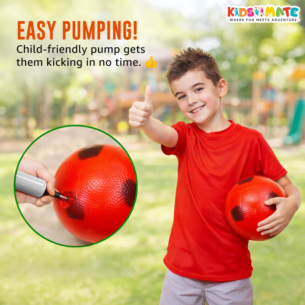 A cheerful boy in a red shirt holds a colorful football while giving a thumbs up. Inset shows a child-friendly pump for easy inflation. The background features a playful outdoor setting.