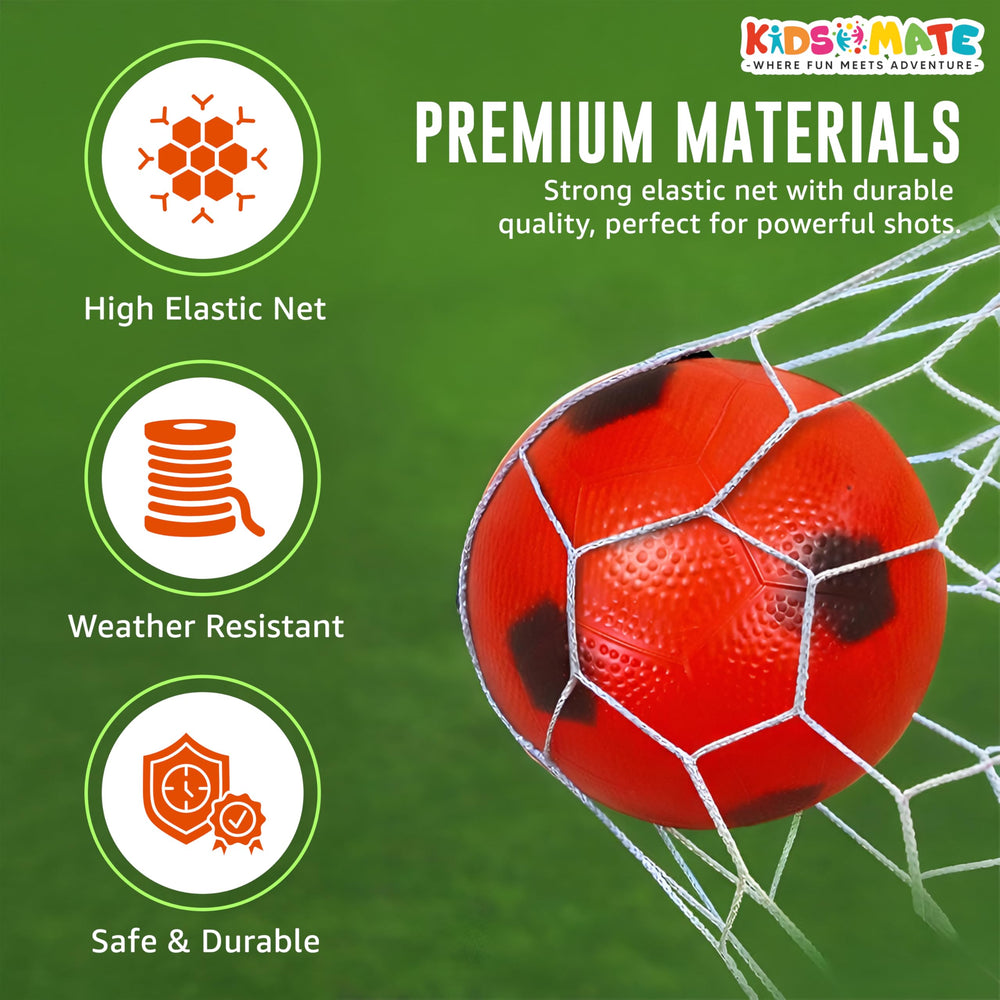 A vibrant kids football goal set featuring a high elastic net, a weather-resistant design, and a durable soccer ball. The background showcases a grassy field, emphasizing outdoor play.