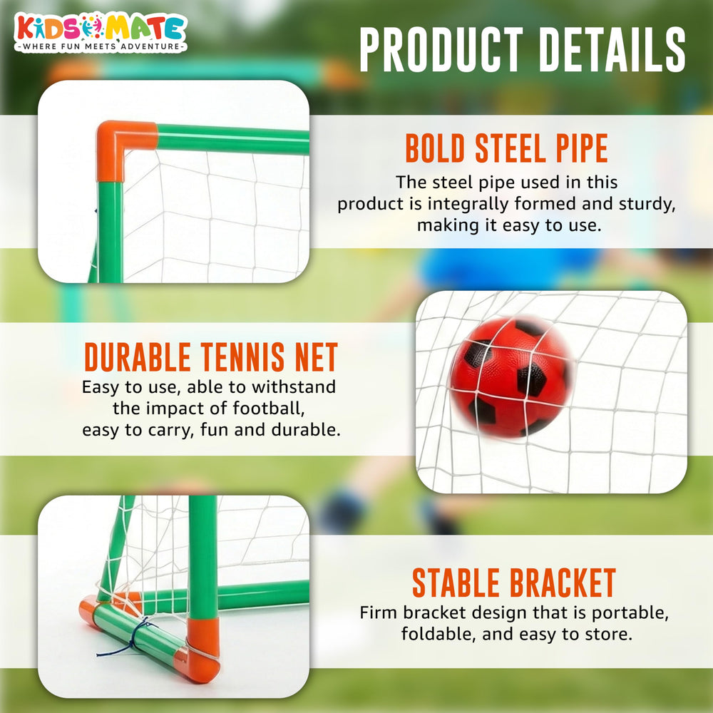 A colorful kids football goal set featuring a sturdy steel pipe frame and a durable tennis net. Includes a bright red football and a pump, all set against a vibrant background with product details highlighted.