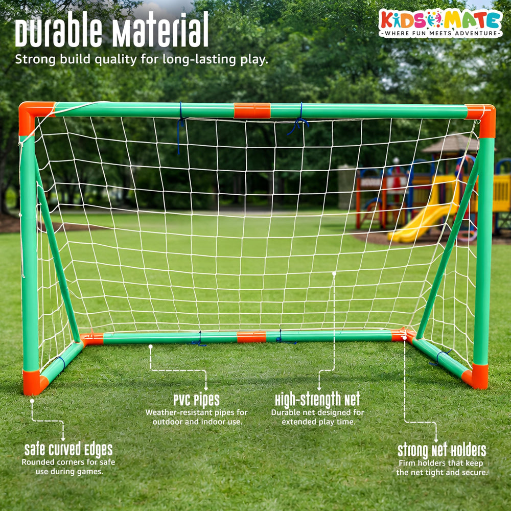 A vibrant kids football goal set featuring a sturdy green frame with white netting, set in a grassy area. The goal has rounded corners for safety and is accompanied by colorful play equipment in the background.