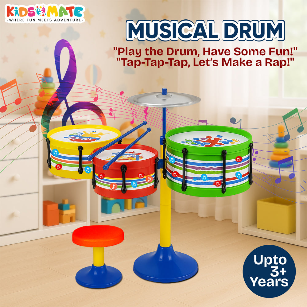 Colorful kids' drum set featuring two drums, a cymbal, and a stool, with playful musical notes in the background. Bright colors and fun designs make it appealing for young musicians.