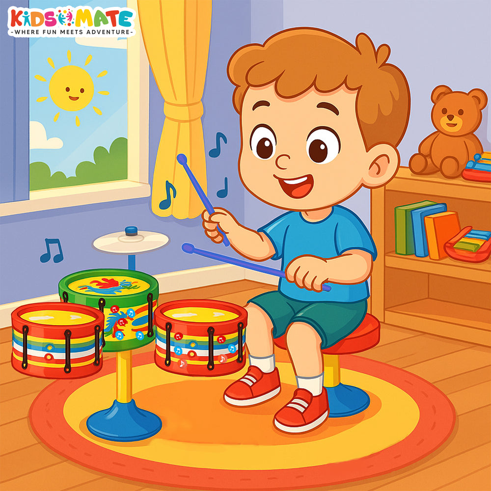 A cheerful child playing a colorful drum set in a bright room. The drums are vibrant with playful designs, and musical notes float around. A teddy bear and a sunny window add warmth to the scene.