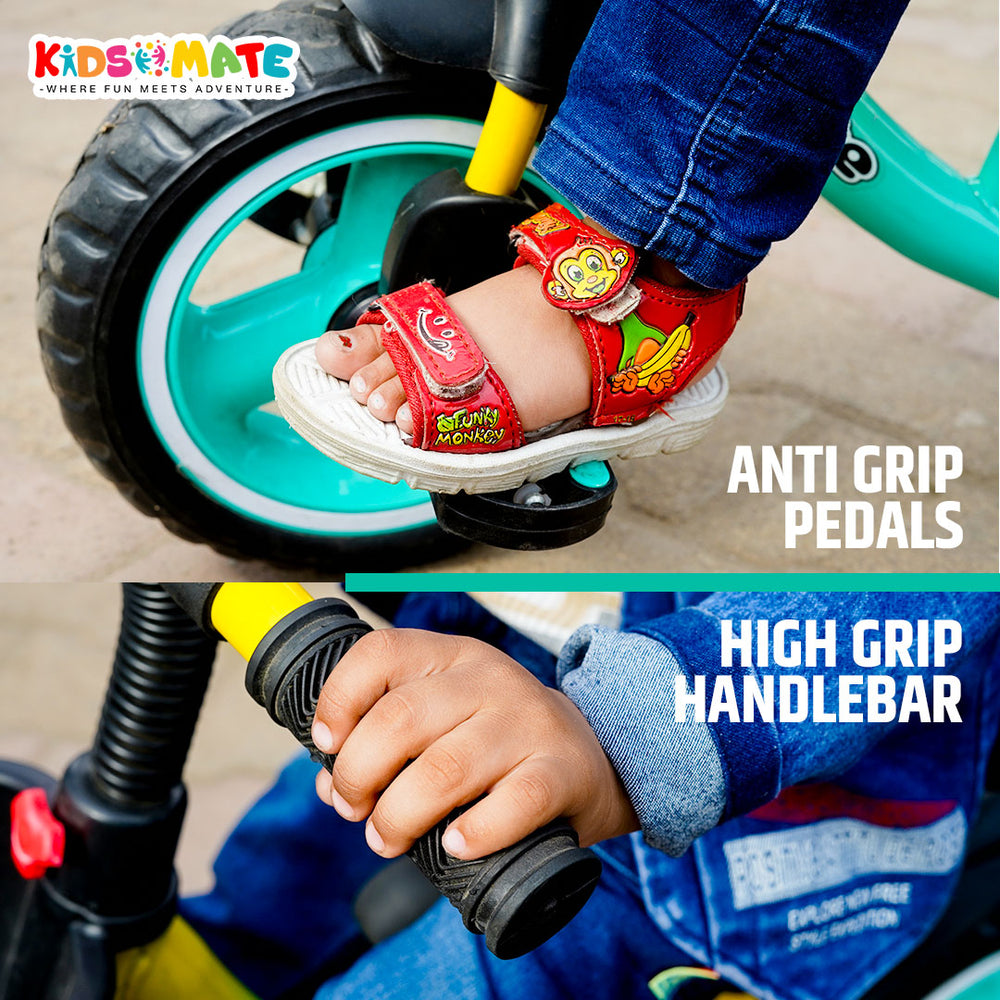 Close-up of a child's foot on anti-grip pedals and a hand gripping the handlebar of a balance cycle. Bright colors and playful design highlight the fun aspect of the ride.