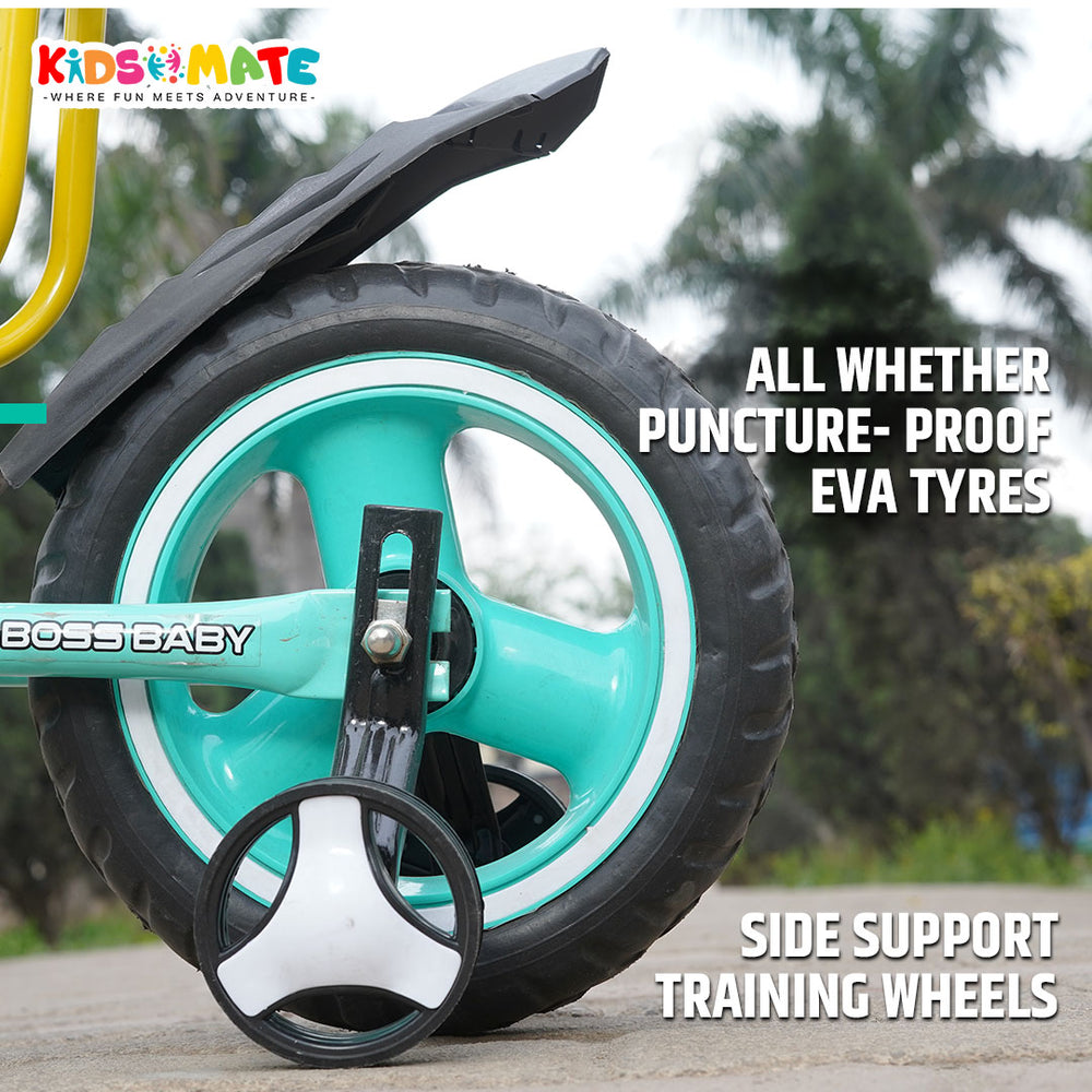 Close-up of a Kidsmate Lite Rider Pro Balance Cycle featuring a turquoise wheel with a black training wheel attachment, showcasing all-weather puncture-proof EVA tires and side support.