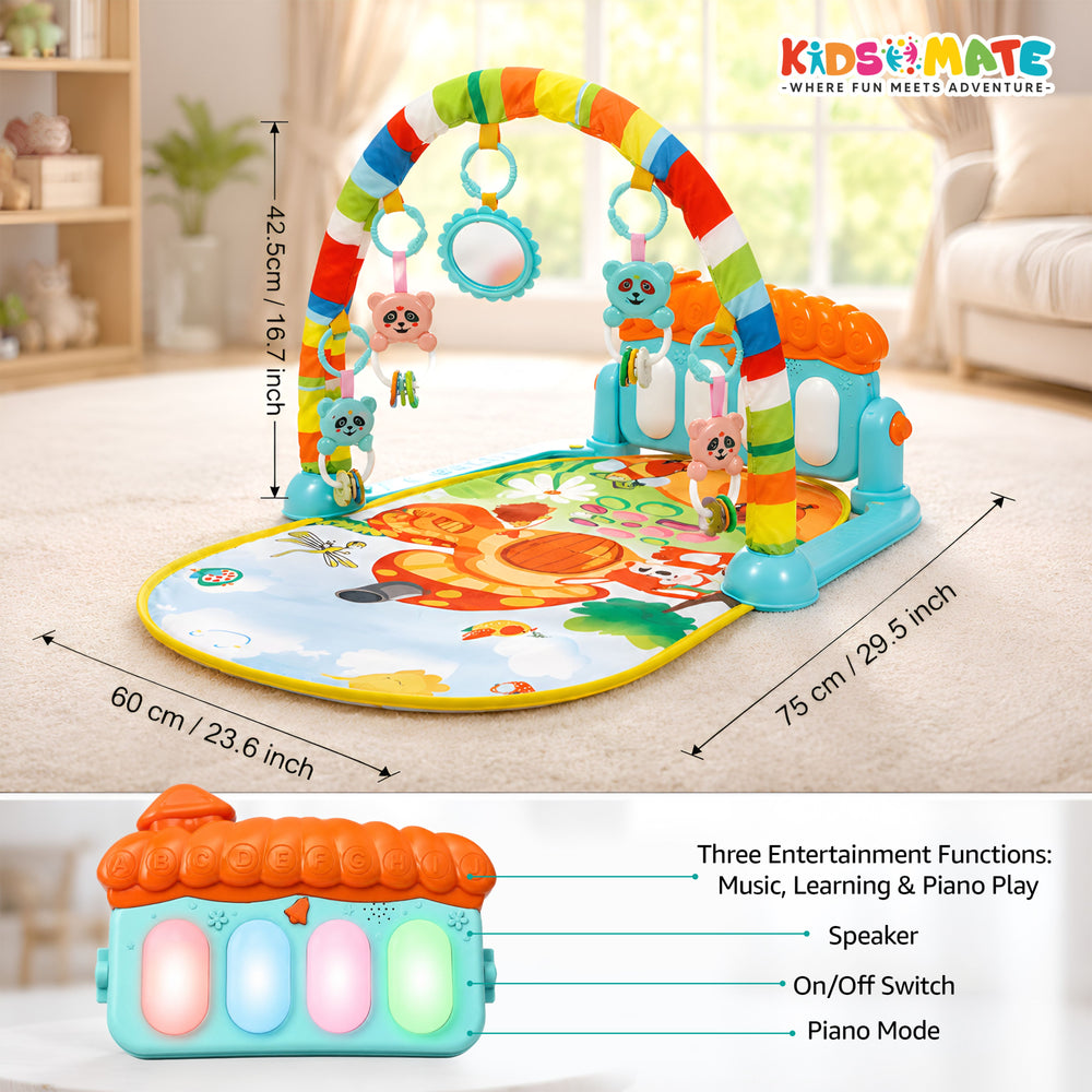 Colorful play gym mat featuring a vibrant jungle theme with hanging toys and a musical panel. Includes a bright arch with plush animal toys and interactive features for kids.