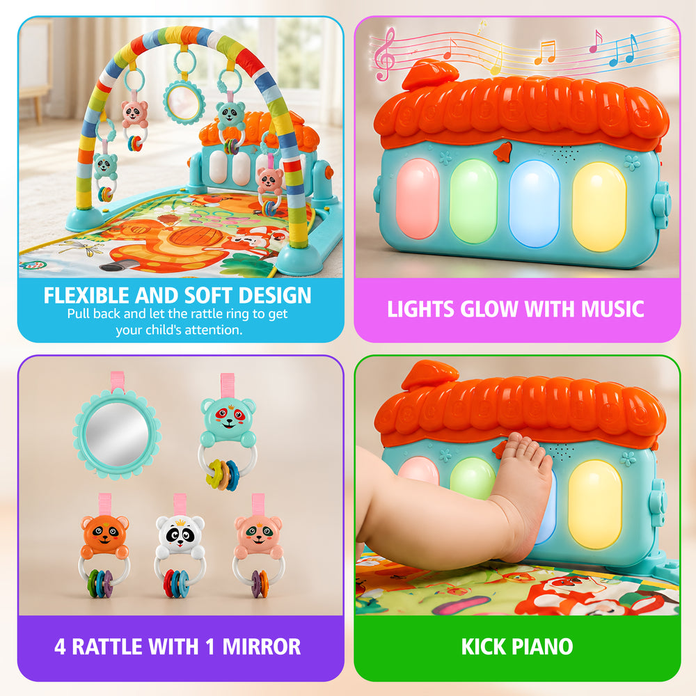 Colorful play gym mat featuring a soft surface with animal designs, a musical kick piano, glowing lights, and hanging rattles. Includes a mirror and various textures for sensory play.