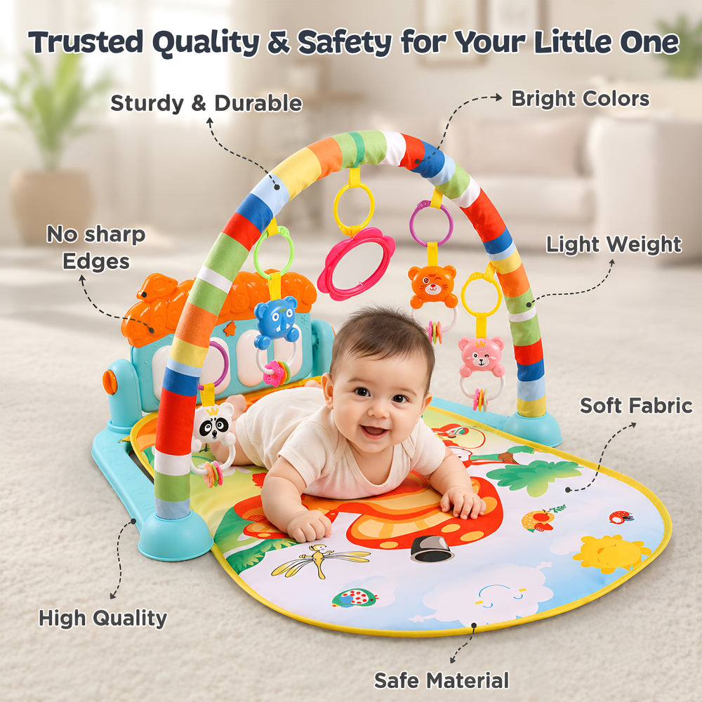 Colorful play gym mat featuring a smiling baby lying on it. The mat has various toys hanging from an arch, with bright colors and playful designs, creating a cheerful play environment.