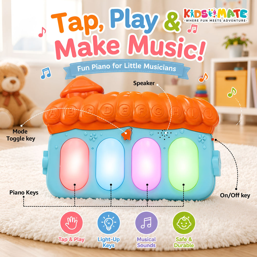 Colorful children's piano with light-up keys and a playful design. Features a speaker, toggle key, and on/off switch, inviting little musicians to tap, play, and make music.