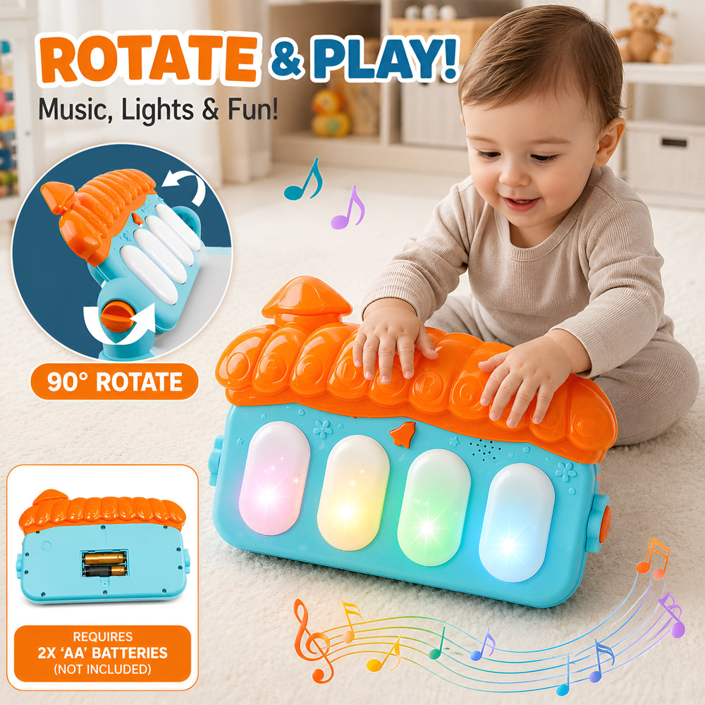 Colorful play gym mat featuring a smiling child interacting with a musical toy. The toy has bright lights and buttons, inviting play and exploration. Soft textures and vibrant colors enhance the playful atmosphere.