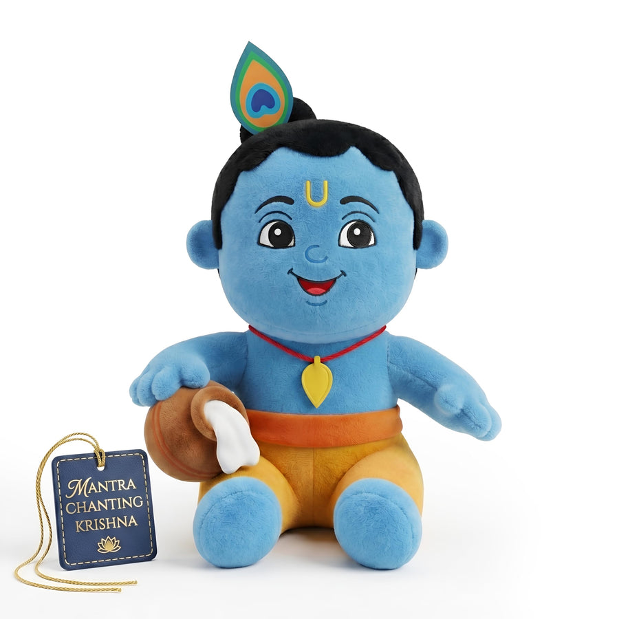 Adorable Little Krishna musical soft toy with a blue complexion, wearing a yellow dhoti and a peacock feather in his hair, holding a pot. Features a tag that reads 'Mantra Chanting Krishna'.