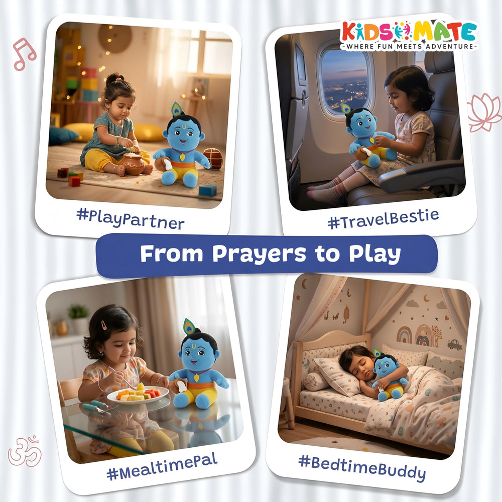 A soft toy of Little Krishna, featuring a blue figure with a playful expression, surrounded by children in various settings, including playtime and bedtime. The Kidsmate logo is visible in the corner.