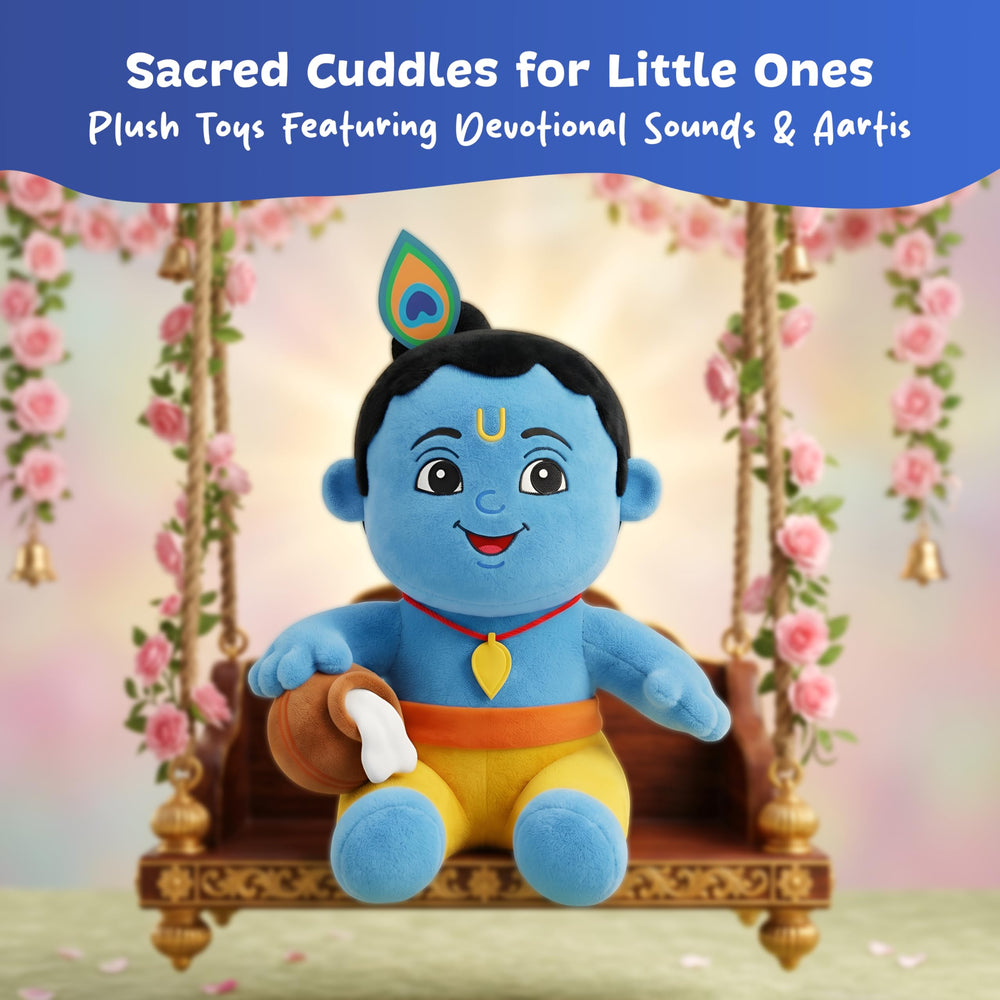 A soft plush toy of Little Krishna, featuring a blue-skinned figure with a peacock feather in his hair, wearing yellow shorts and holding a flute. Surrounded by floral decorations and a cheerful background.