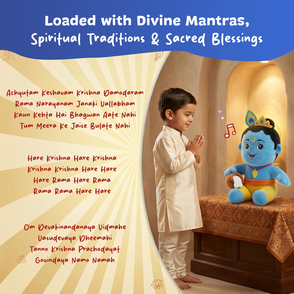 A cheerful Little Krishna musical soft toy sits on a decorative table. A child in traditional attire, with hands in a prayer position, gazes at the toy. The background features warm, inviting colors.