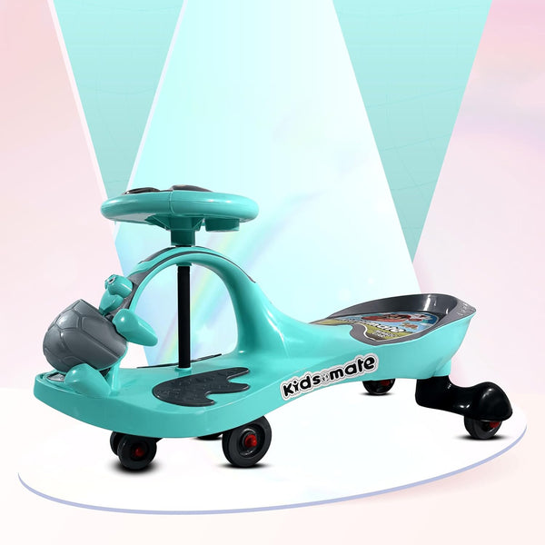 A vibrant sea green ride-on swing car designed for kids, featuring a playful turtle design on the seat and smooth wheels for easy movement. The background has a soft pastel gradient.