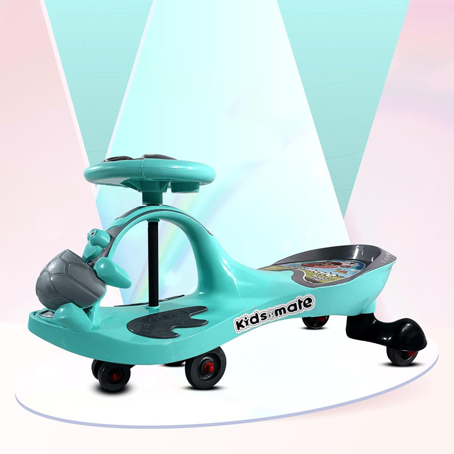 A vibrant sea green ride-on swing car designed for kids, featuring a playful turtle design on the seat and smooth wheels for easy movement. The background has a soft pastel gradient.