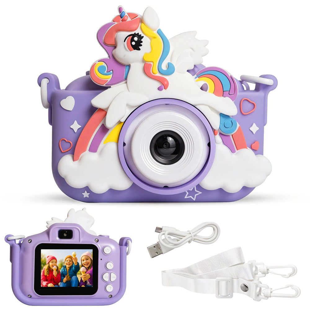 A whimsical purple digital camera designed for kids, featuring a unicorn on top and colorful accents. The front displays a 2-inch HD screen showing a photo, with a USB cable and straps included.