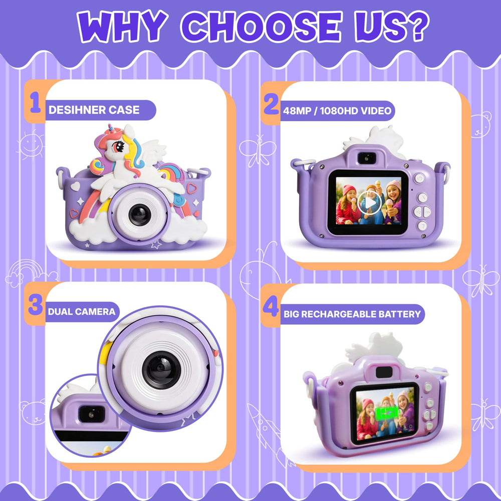 Colorful kids' digital camera featuring a unicorn design, a 2-inch HD screen displaying cheerful children, and a playful aesthetic with a dual camera and large rechargeable battery.