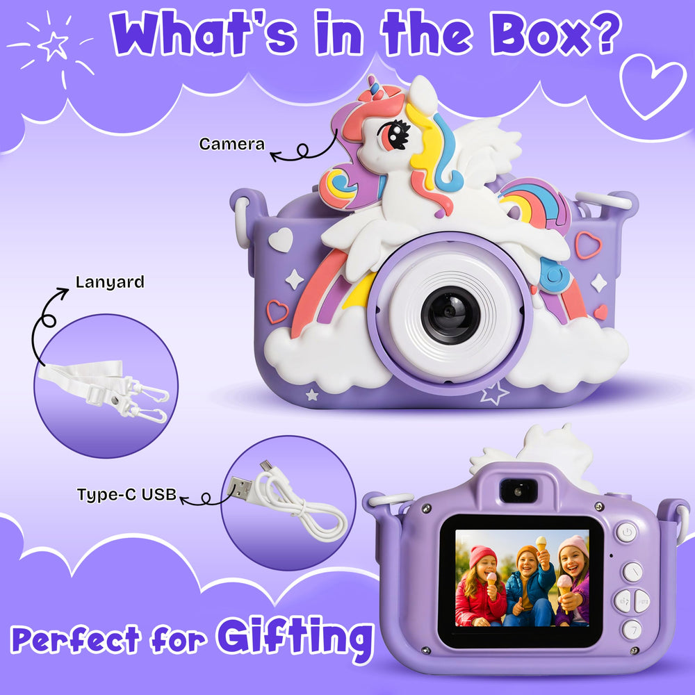 A colorful kids' digital camera designed with a unicorn theme, featuring a 2-inch HD screen. The camera is shown alongside a lanyard and Type-C USB cable, with playful text highlighting gifting options.