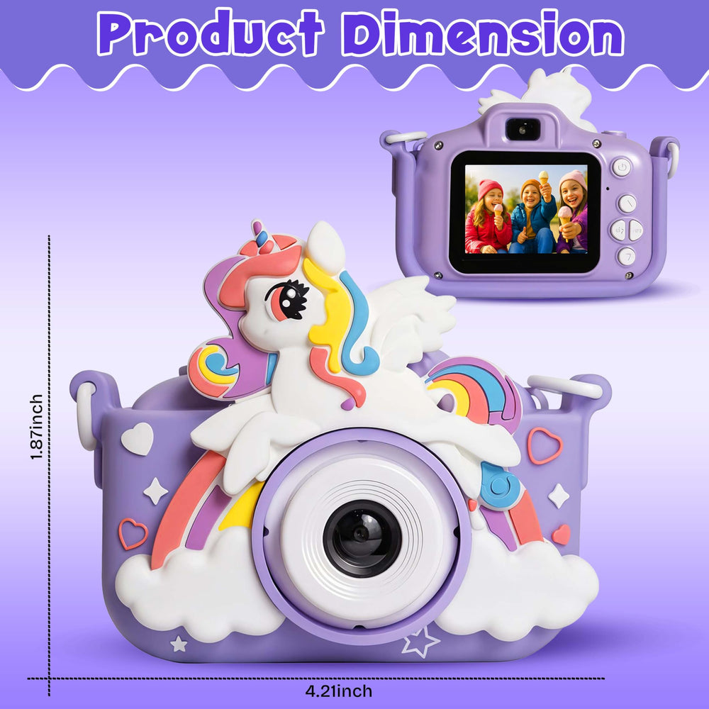 A colorful kids' digital camera featuring a playful unicorn design, complete with a 2-inch HD screen displaying cheerful photos. The camera is purple with decorative stars and hearts.