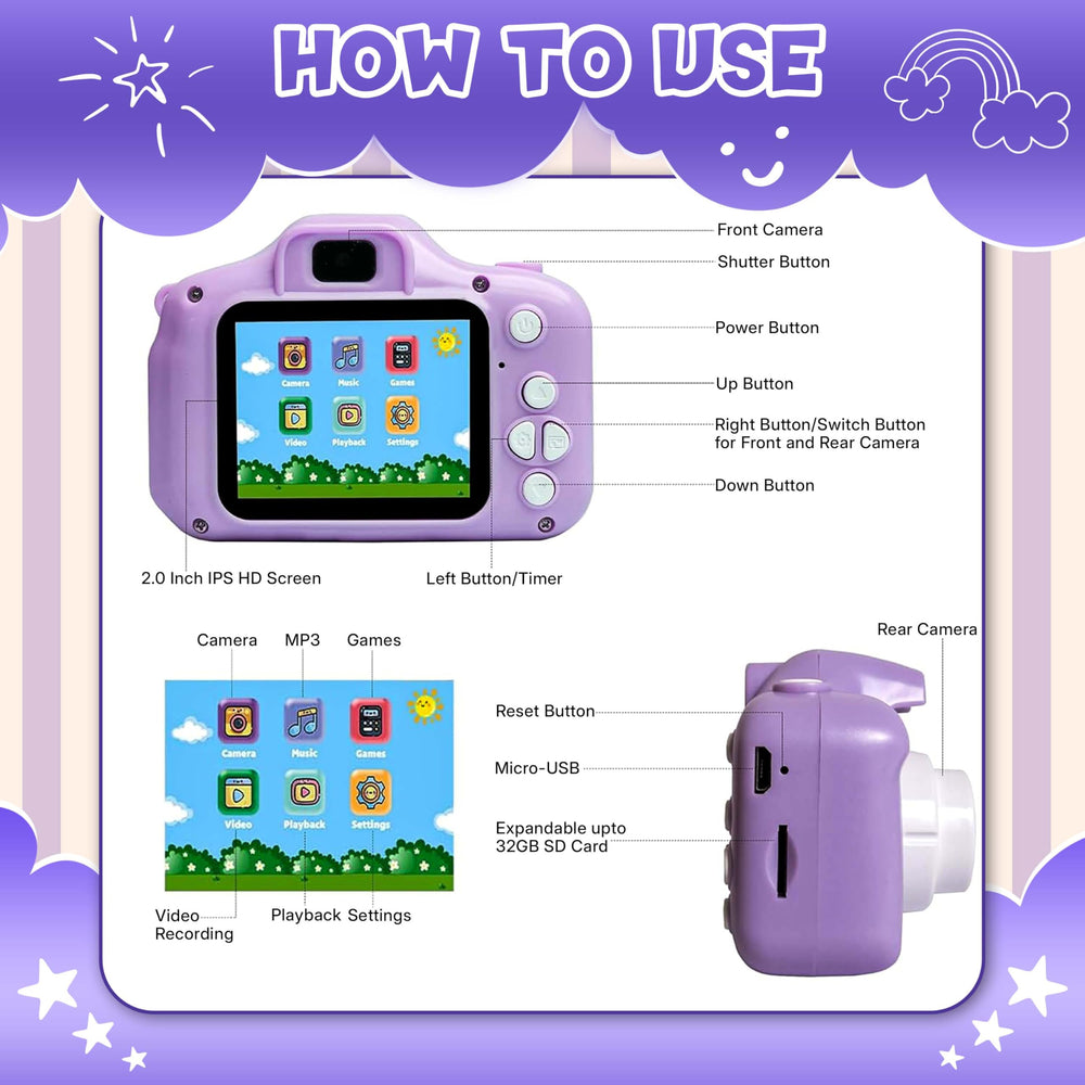 A purple mini digital camera designed for kids, featuring a 2-inch HD screen displaying colorful icons. The camera has buttons labeled for various functions, including front and rear cameras, and a micro-USB port.