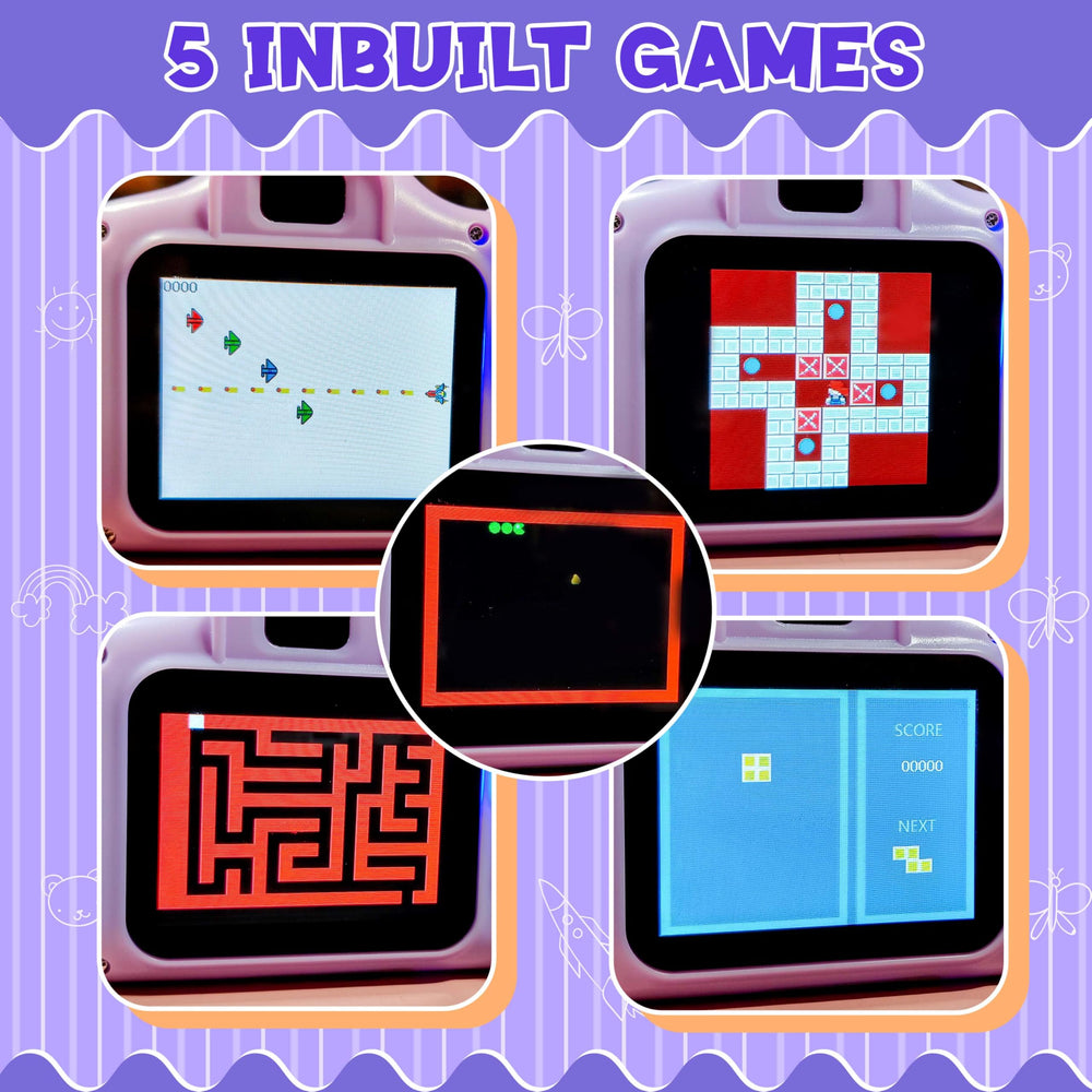 Mini digital camera screen displaying four colorful game interfaces, including a maze, a racing game, and a puzzle, all set against a playful purple background with decorative elements.