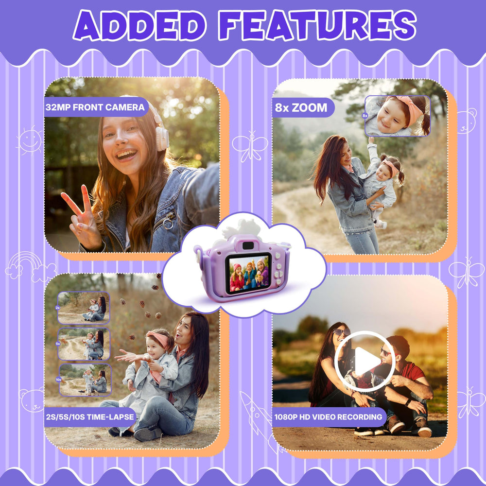 A colorful graphic showcasing the features of a Kidsmate Mini Digital Camera. Highlights include a 32MP front camera, 8x zoom, time-lapse options, and 1080p HD video recording, with playful images of kids using the
