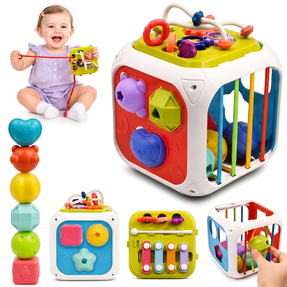 A colorful 7-in-1 activity cube featuring various shapes and textures, with a toddler playing and engaging with the toy. The cube includes a bead maze, shape sorter, and musical elements.