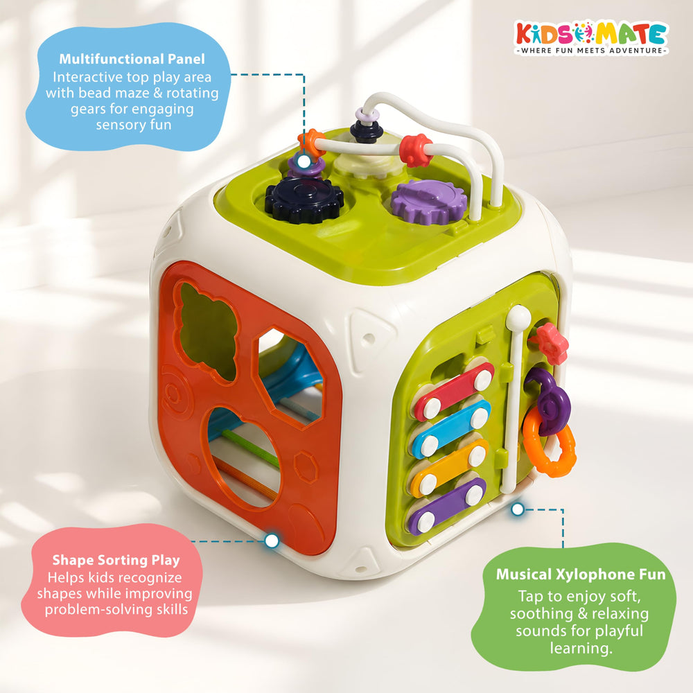 Colorful 7-in-1 activity cube featuring a multifunctional panel with rotating gears, shape sorting play, and a musical xylophone fun. Engaging design for sensory play and problem-solving.