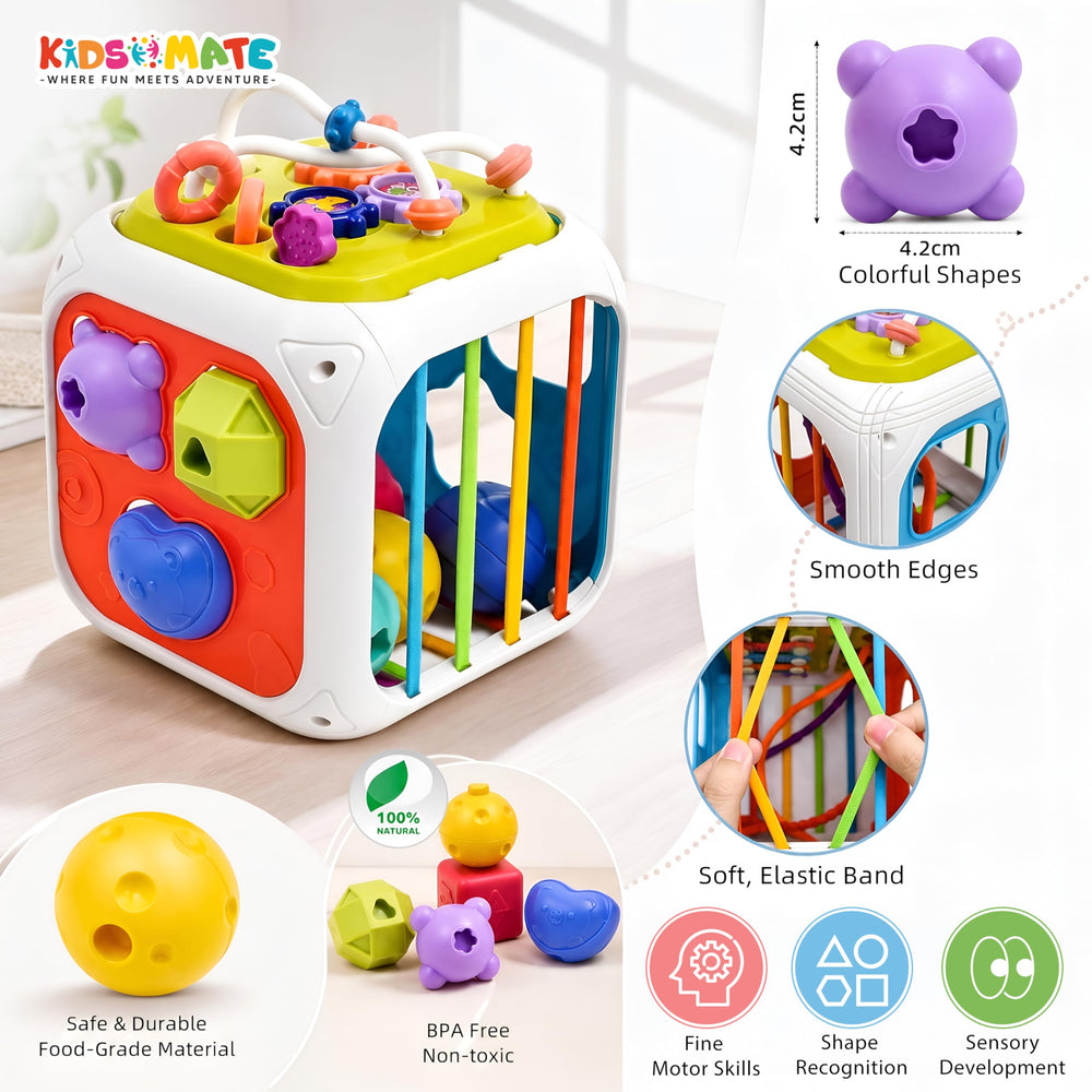Colorful 7-in-1 activity cube featuring various shapes and textures, designed for kids. Includes smooth edges and an elastic band for sensory play, promoting motor skills and shape recognition.