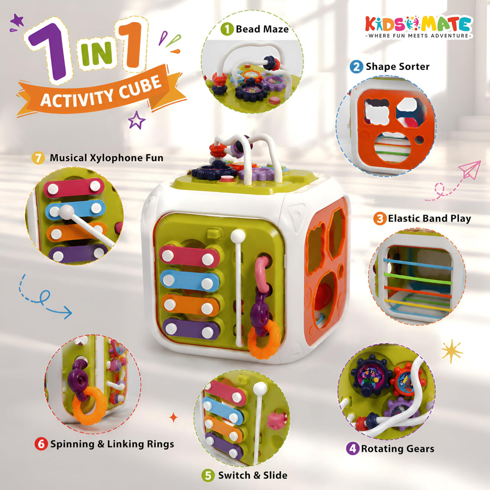 Colorful 7-in-1 activity cube featuring a bead maze, shape sorter, musical xylophone, elastic band play, spinning rings, switch and slide, and rotating gears, designed for interactive play.