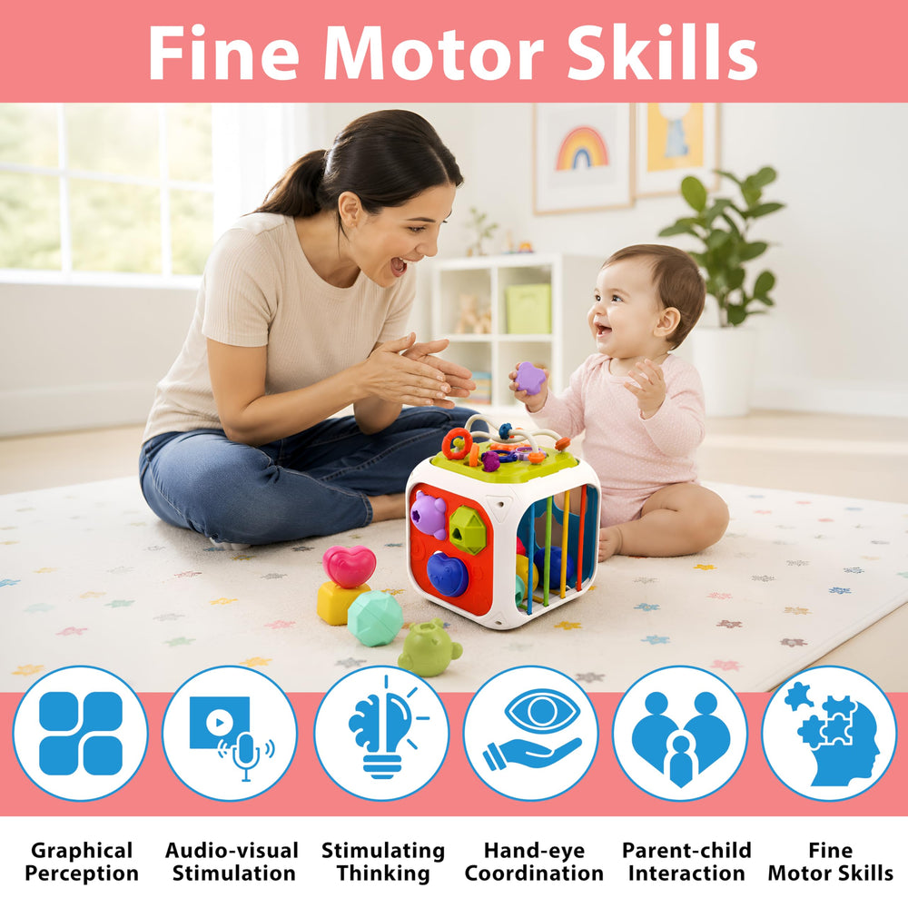 A mother and her baby engage with a colorful 7-in-1 activity cube on a soft play mat. The cube features various interactive elements, promoting fine motor skills and parent-child interaction.