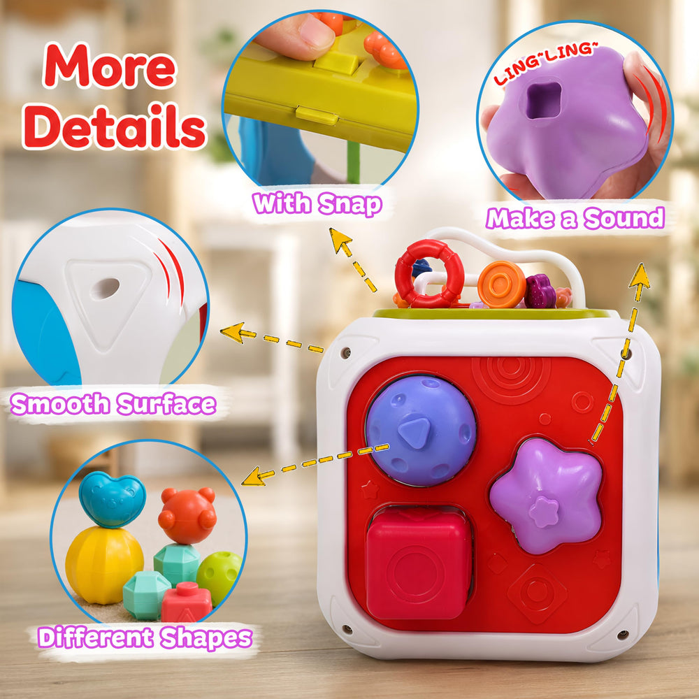 Colorful Kidsmate Montessori 7-in-1 Activity Cube featuring various interactive elements like buttons, shapes, and sound features. The cube has a smooth surface and vibrant colors, inviting play and exploration.