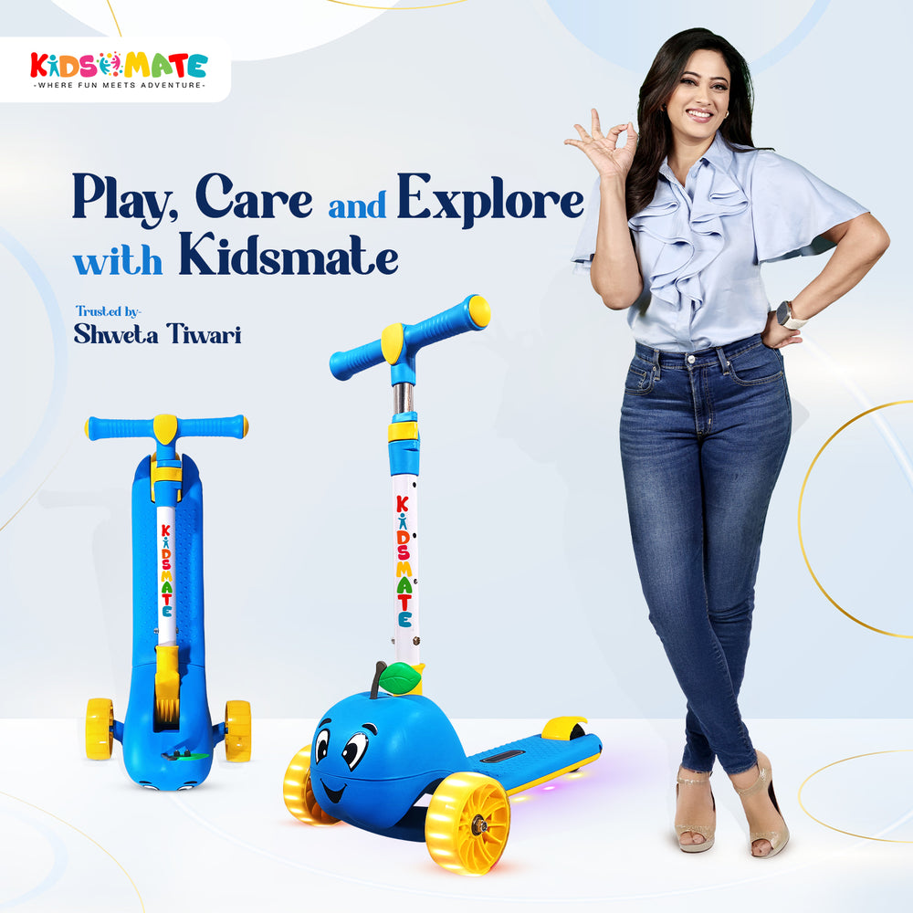 A vibrant blue kick scooter designed for kids, featuring LED lights and a playful design. A smiling woman in casual attire stands beside it, promoting fun and adventure.
