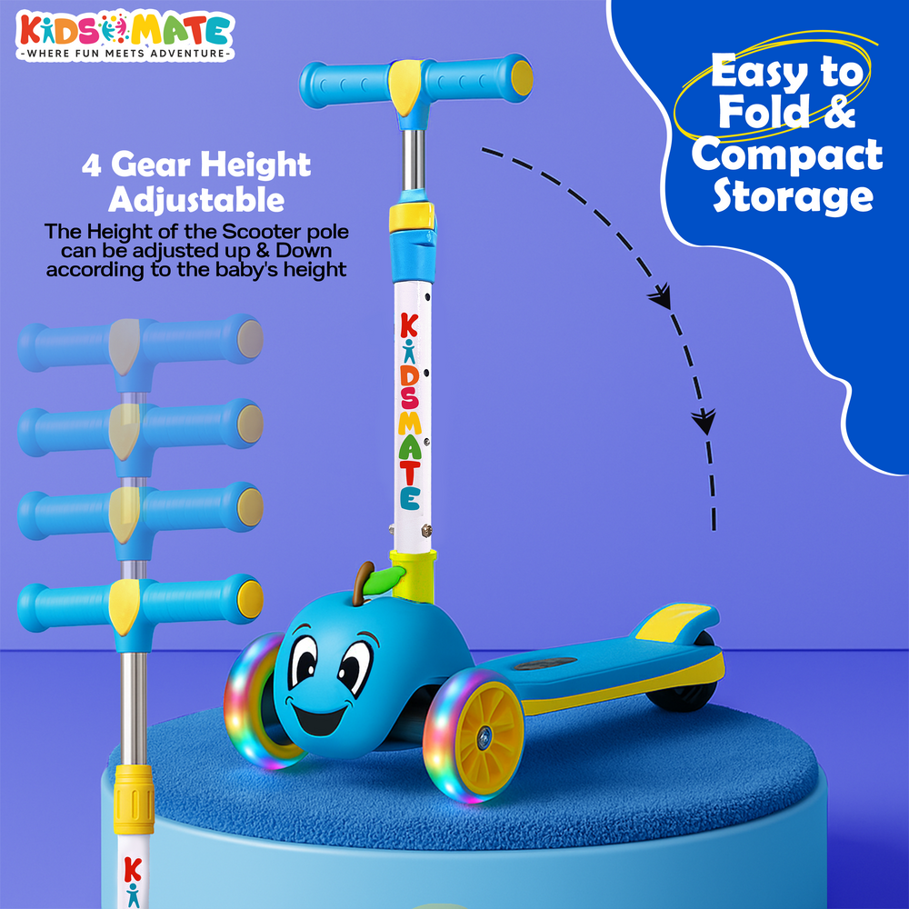 Colorful Kidsmate kick scooter featuring a cheerful character design, adjustable height, and LED lights on the wheels. The scooter is displayed on a blue circular platform with a playful background.