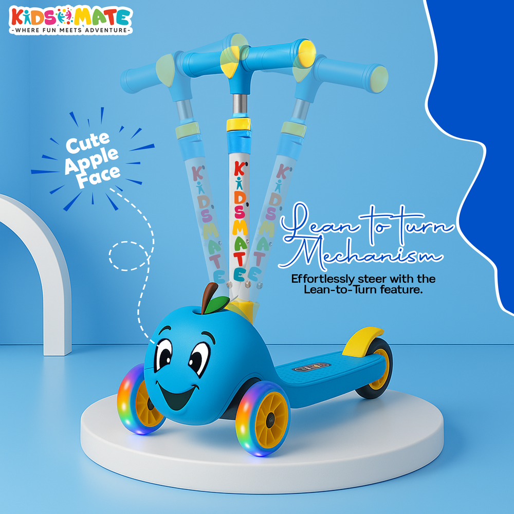 A colorful Kidsmate kick scooter for kids featuring a cute apple face design. It has LED lights on the wheels and a lean-to-turn mechanism, displayed on a blue background.