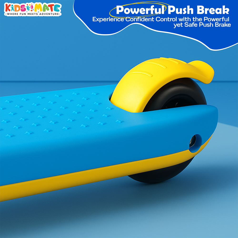 Close-up of a blue and yellow kick scooter featuring a textured footboard and a prominent yellow push brake, showcasing its design and safety features.