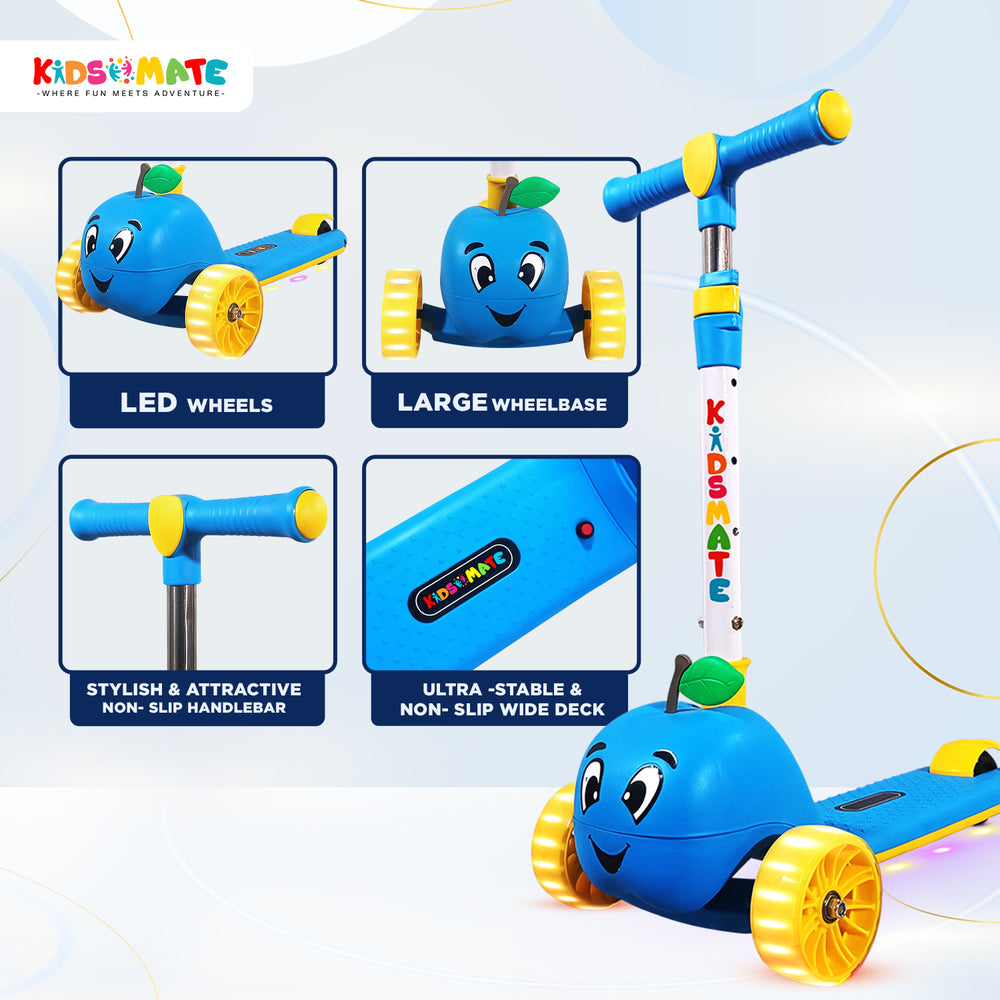 Colorful kick scooter designed for kids featuring LED wheels, a large wheelbase, and a non-slip deck. The handlebar is adorned with a friendly character design, enhancing its playful appeal.