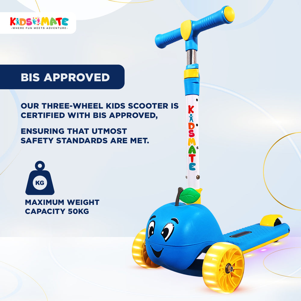 A colorful three-wheel kick scooter designed for kids, featuring a smiling character on the base and a blue handlebar. The scooter has LED lights and is marked with 'KIDSMATE' for brand recognition.