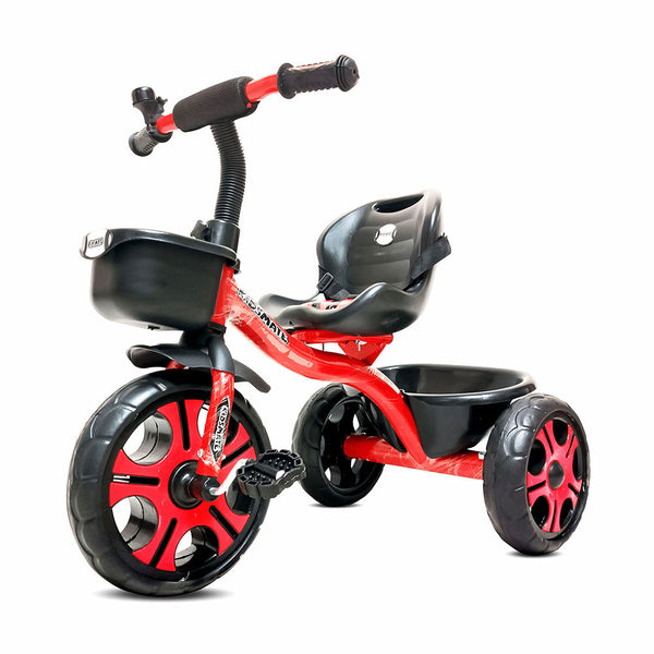 A vibrant red tricycle designed for kids, featuring a comfortable seat, sturdy handlebars, and large wheels for stability. The tricycle has a storage compartment at the back.