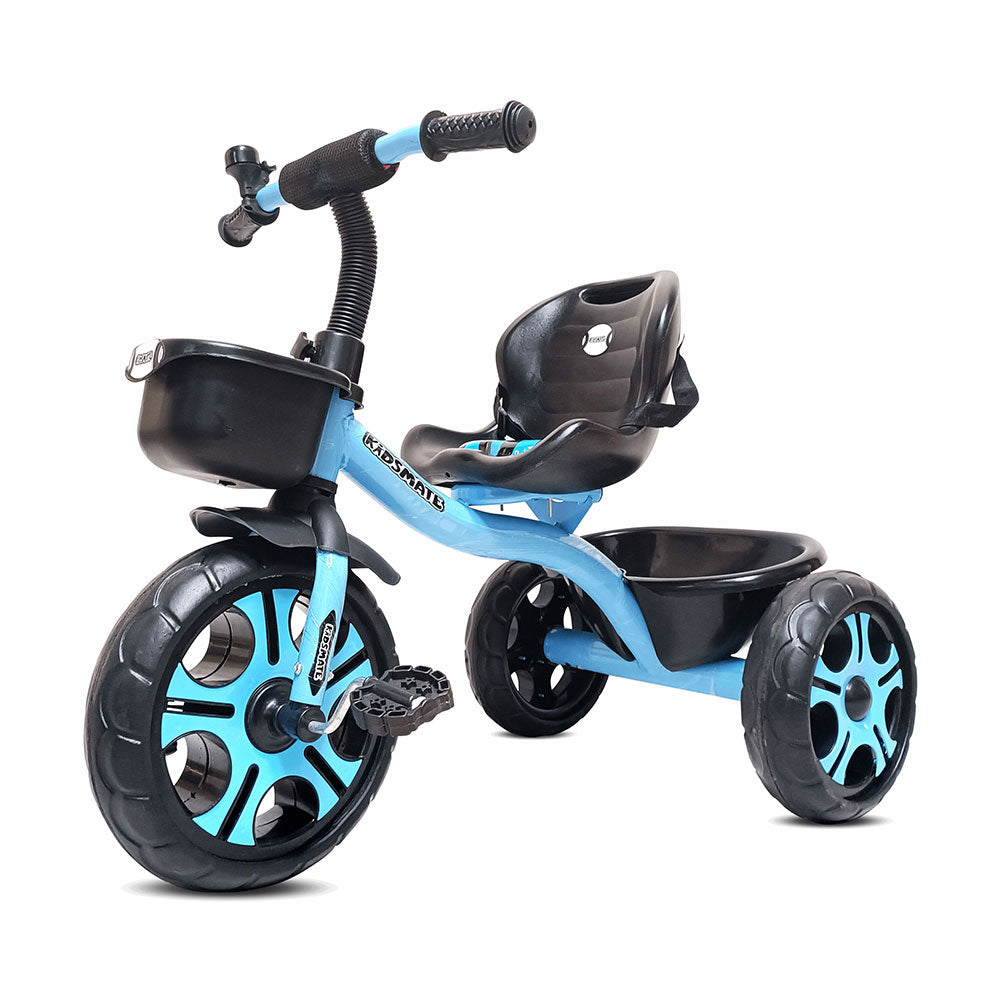 A blue tricycle designed for kids, featuring a comfortable seat, sturdy wheels, and a front basket. The handlebars are adjustable, and the overall design is playful and durable.