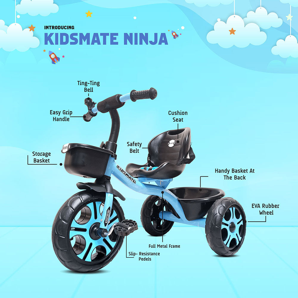A vibrant blue tricycle designed for kids, featuring a cushioned seat, safety belt, and a storage basket at the front. The tricycle has large rubber wheels and a sturdy frame, ideal for young riders.