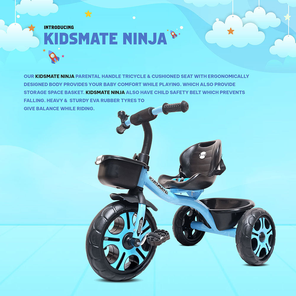 A vibrant blue tricycle designed for kids, featuring a cushioned seat, sturdy wheels, and a safety belt. The handlebars are adjustable, and a storage basket is attached at the front.