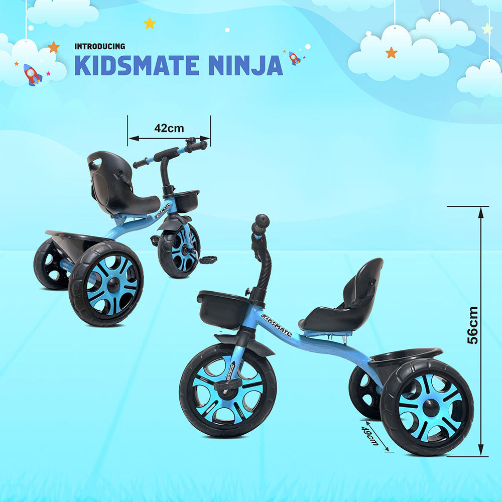 A vibrant blue tricycle designed for kids, featuring a comfortable seat and sturdy wheels. The background includes playful clouds and a cheerful atmosphere, highlighting the fun of outdoor play.