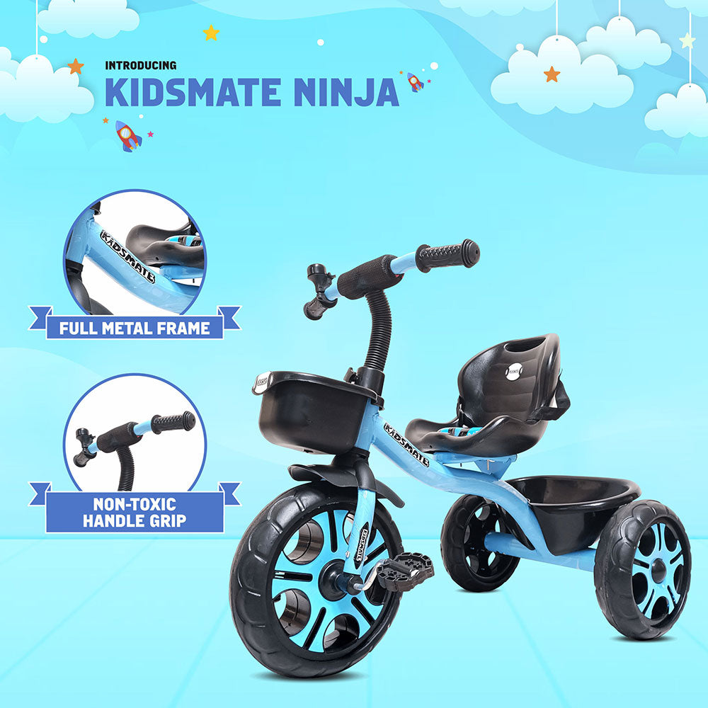 A vibrant blue tricycle designed for kids, featuring a full metal frame, a comfortable seat, and a non-toxic handle grip. It includes a front basket for storage, set against a cheerful sky background with clouds.